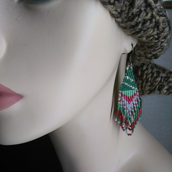 Artisan Christmas Holiday Tree Fringe Earrings - Picture 5 of 7